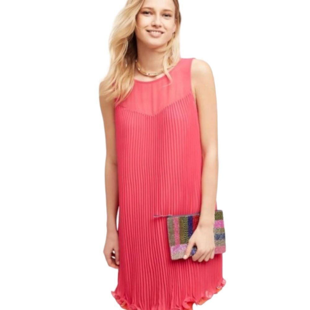 Anthropologie Maeve Hot Pink/Orange Two Tone Hem Knife Pleat Ruffle wome…